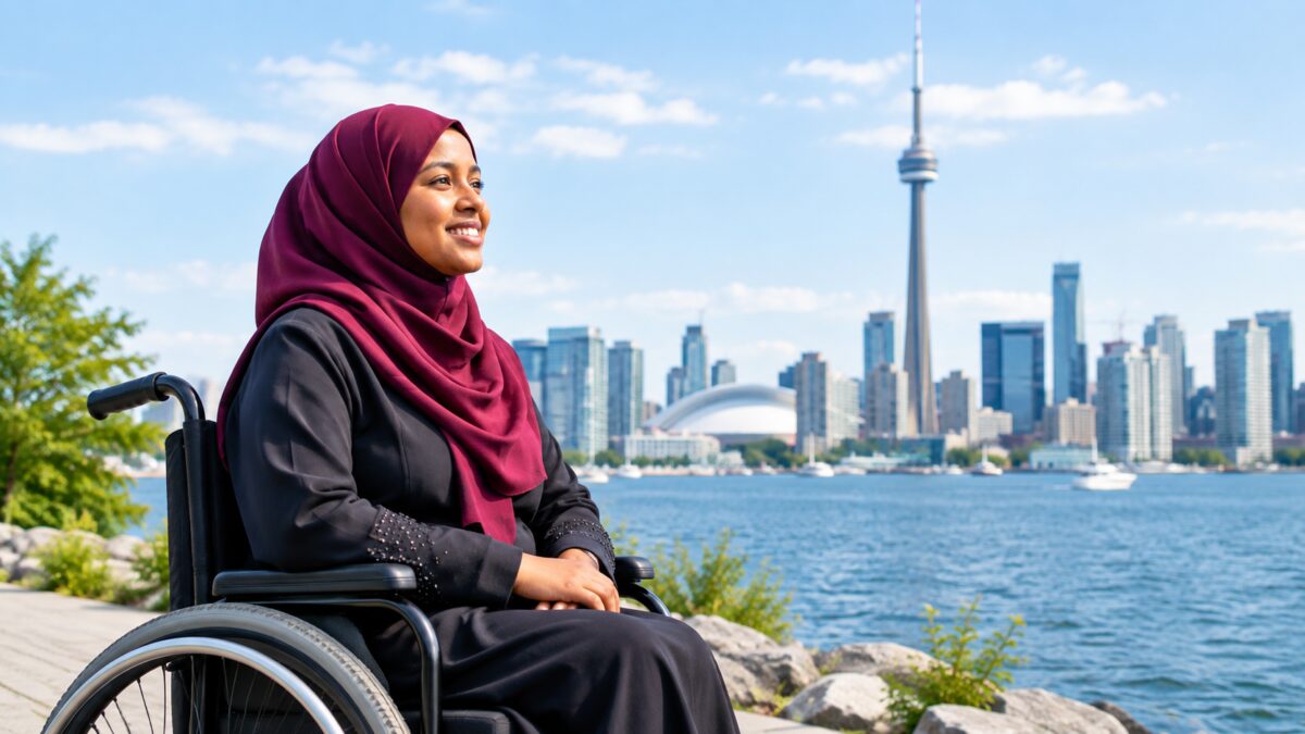 Woman wearing a mauve hijab using a wheelchair at the Toronto waterfront with the CN Tower behind her