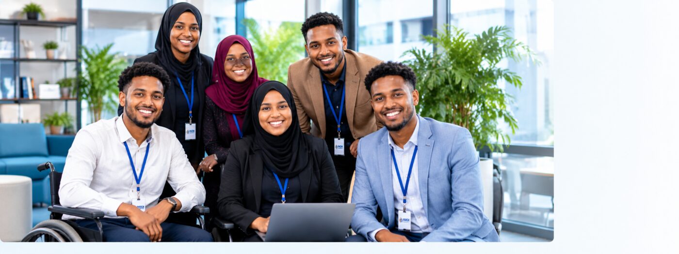 Diverse HIGSI team and community members gathered in a bright office