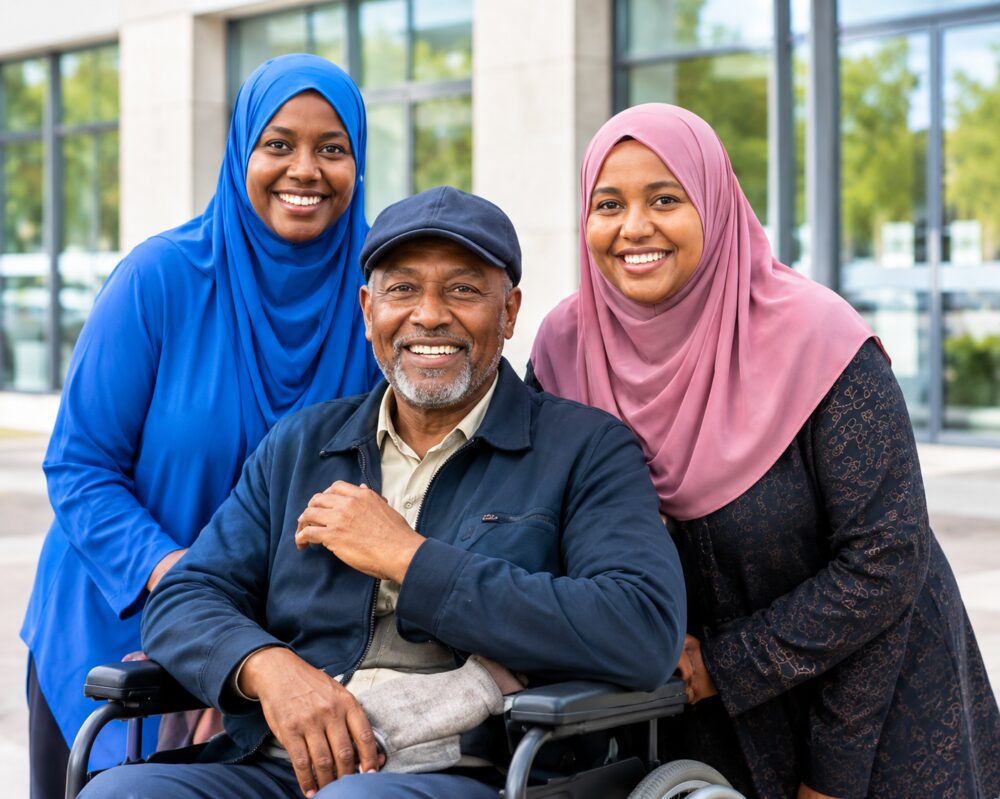 Three members of the Somali community, including an older man using a wheelchair, smiling together