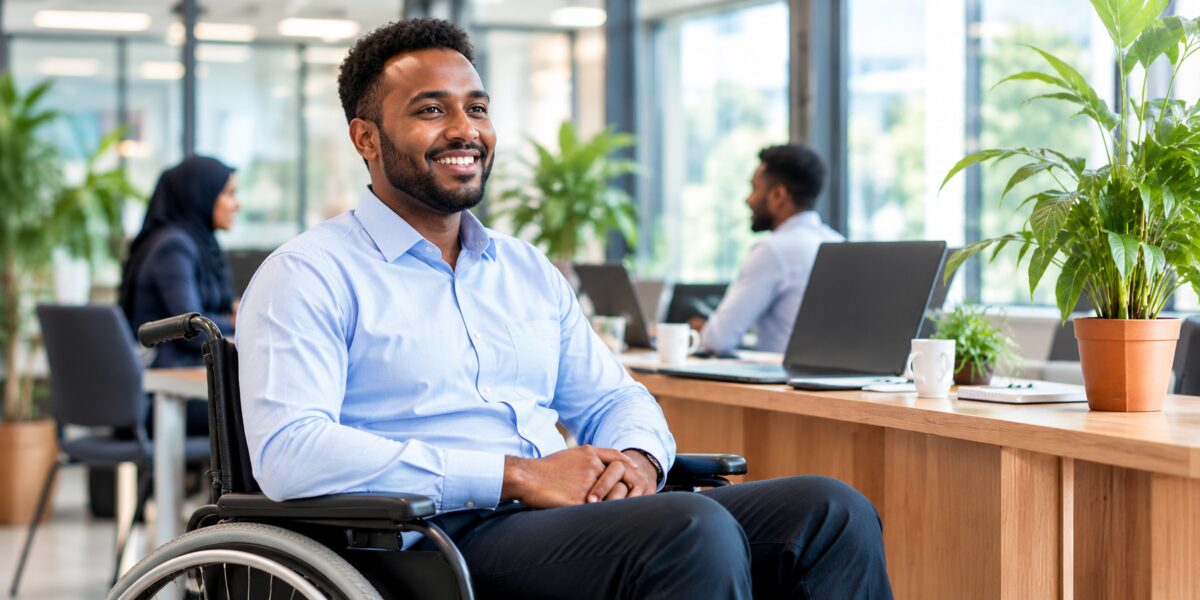 Man using a wheelchair in a professional workplace