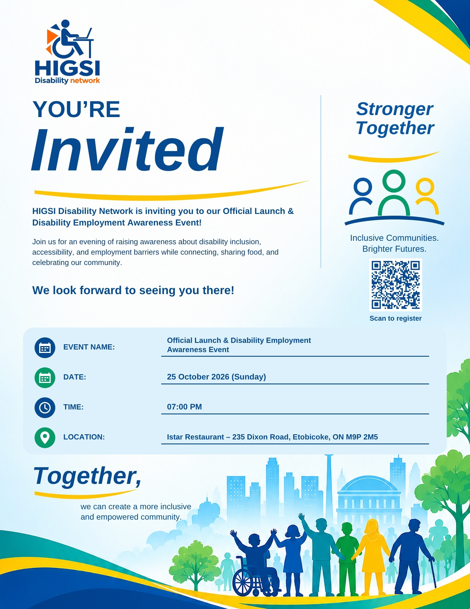 Invitation: HIGSI Official Launch & Disability Employment Awareness Event – Sunday 25 October 2026, 7:00 PM, Istar Restaurant, Etobicoke