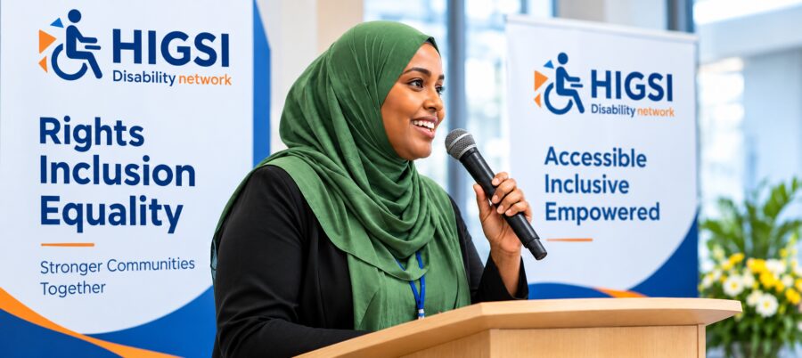 Woman wearing a green hijab speaking into a microphone at an accessibility event