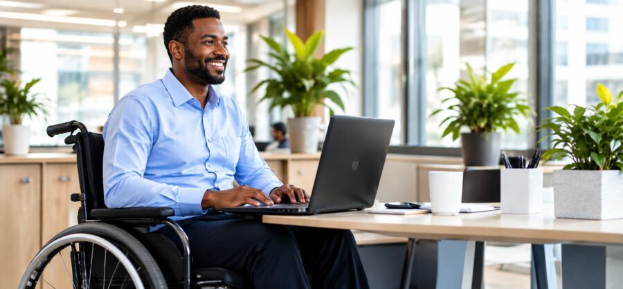 Man using a wheelchair working on a laptop in a modern office