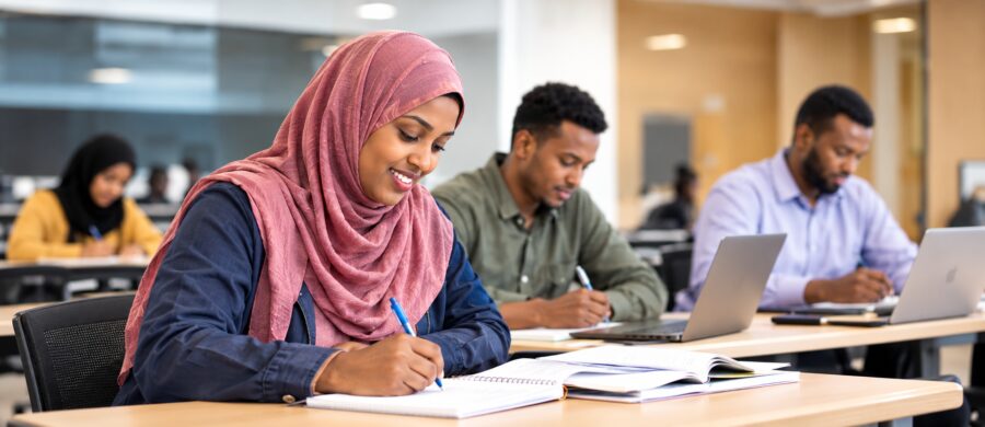 Woman wearing a pink hijab taking part in a training session