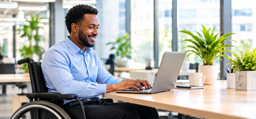 Man using a wheelchair working confidently on a laptop in an accessible workplace