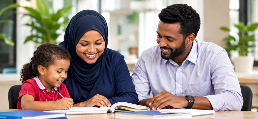 Mother wearing a hijab with her child and a family member working together at a table